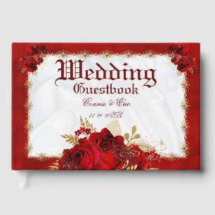 Bröllop Elegant Red Guld White Blommigt Gästböcker