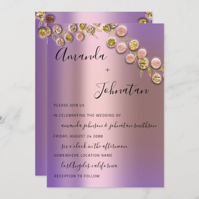 Bröllop Elegant Ro Golden Wand Möhippa Lila  Inbjudningar (Fram/baksida)