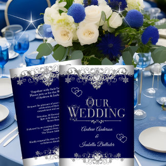 Bröllop Elegant Royal Blue Silver Diamond Hearts Inbjudningar