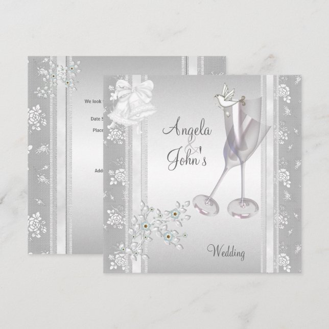 Bröllop Elegant Silver Vitt Spets Blommig Inbjudningar (Fram/baksida)