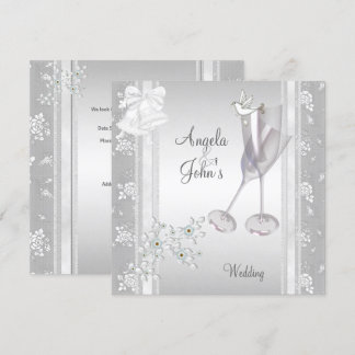 Bröllop Elegant Silver Vitt Spets Blommig Inbjudningar