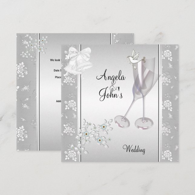 Bröllop Elegant Silver Vitt Spets Blommig Inbjudningar (Fram/baksida)