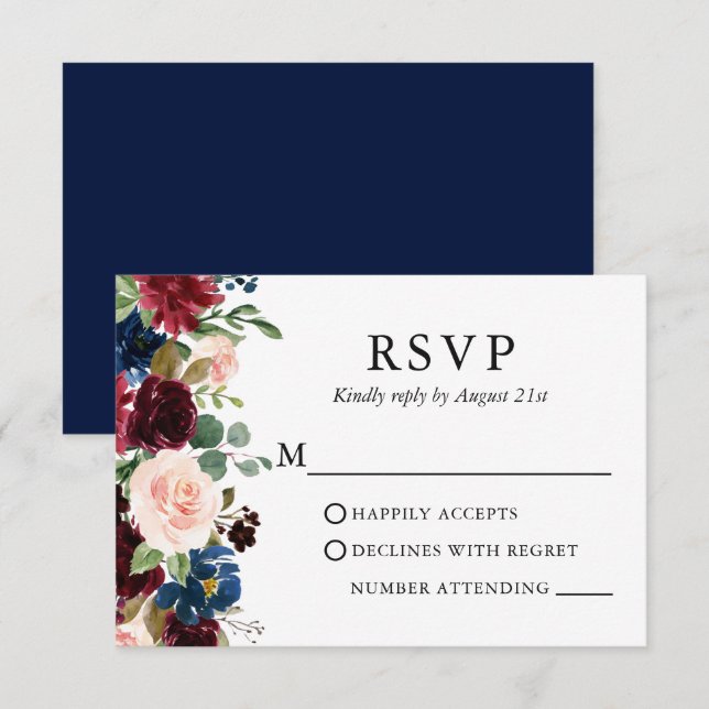 Bröllop Elegant - vattenfärg Burgundy Blommigt Blu OSA Kort (Fram/baksida)