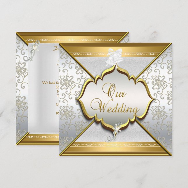 Bröllop Elegant Vit Silver Guld Inbjudningar (Fram/baksida)