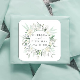 Bröllop Elegant Watercolor Greenery Blommigt Fyrkantigt Klistermärke