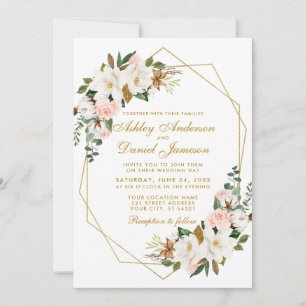 Bröllop Elegant Watercolor Magnolias Ro Guld Inbjudningar