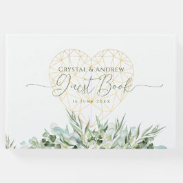 Bröllop Elegant White Guld Heart Eucalyptus Löv Gästböcker