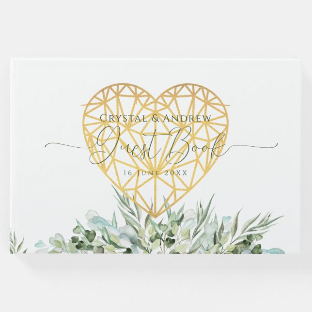 Bröllop Elegant White Guld Heart Eucalyptus Löv Gästböcker (Framsida)