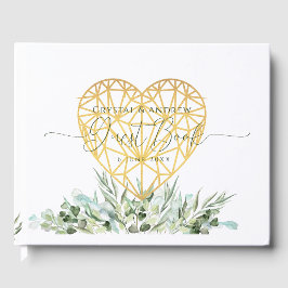 Bröllop Elegant White Guld Heart Eucalyptus Löv Gästböcker