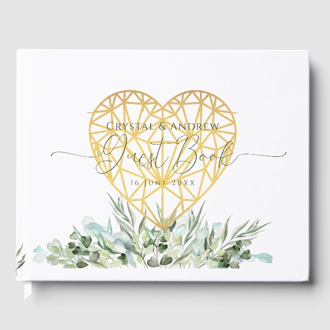 Bröllop Elegant White Guld Heart Eucalyptus Löv Gästböcker (Framsida)
