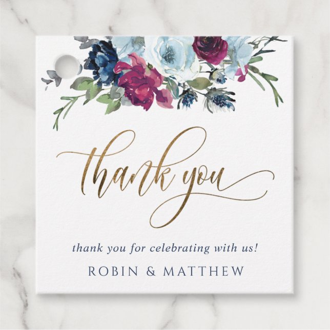 Bröllop (eller annan) Berry Blue och Burgundy Blom Gåvor Etiketter (Framsida)