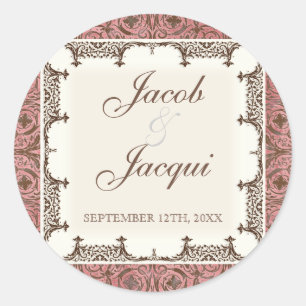 Bröllop eller Shower Stickers - Rosa Brown Damask Runt Klistermärke