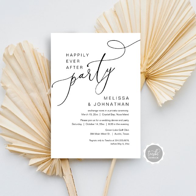 Bröllop Elopement Festlig Invitation Inbjudningar (Happily Ever After Wedding Elopement Party Dancing Invitation Card, Modern Romantic Script, Download)