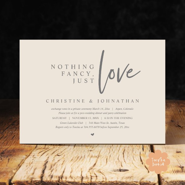 Bröllop Elopement, Ingenting Finare, Just Kärlek Inbjudningar (Nothing Fancy Just Love Modern Casual Wedding Elopement Dinner Party Invitation Card PDF Cream Grey)