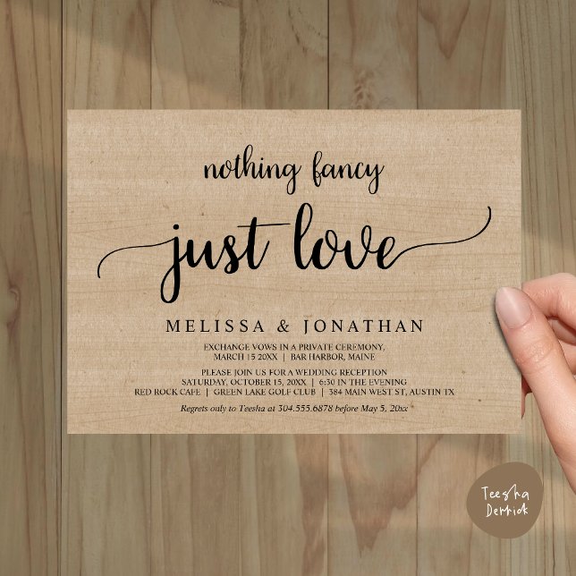 Bröllop Elopement, inget Finare precis Kärlek-midd Inbjudningar (Wedding Elopement, Nothing Fancy Just Love Dinner Invitation Card, PDF, Rustic Cottage Brown Wood)