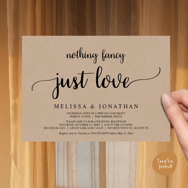 Bröllop Elopement, inget Finare precis Kärlek-midd Inbjudningar (Wedding Elopement, Nothing Fancy Just Love Dinner Invitation Card, PDF, Rustic Cottage Brown Kraft)