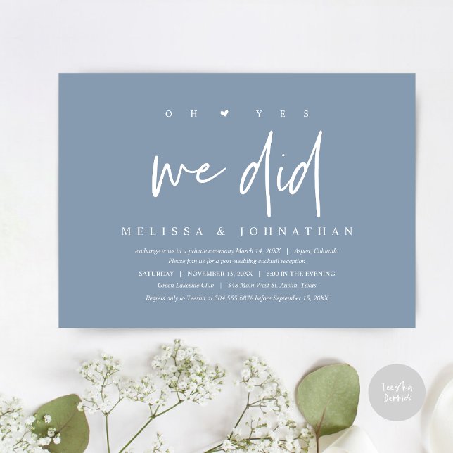 Bröllop Elopement, ja, det gjorde vi Inbjudningar (Oh yes we did, Modern Wedding Elopement Dinner Party Invitation Card, PDF, Dusty Blue)