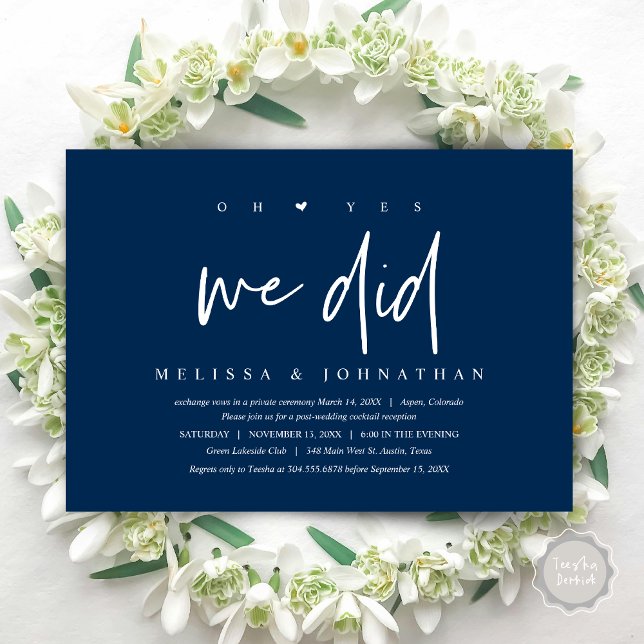 Bröllop Elopement, ja, det gjorde vi Inbjudningar (Oh yes we did, Modern Wedding Elopement Dinner Party Invitation Card, PDF, Navy Blue)
