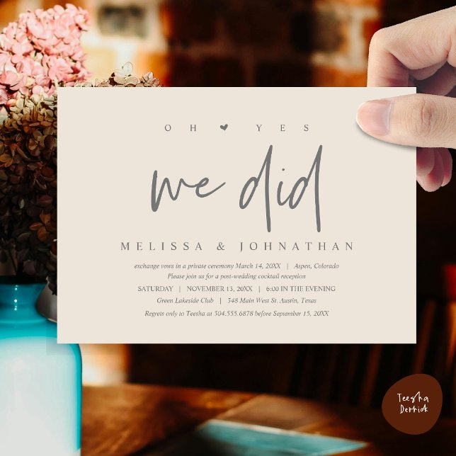 Bröllop Elopement, ja, det gjorde vi Inbjudningar (Oh yes we did, Modern Wedding Elopement Dinner Party Invitation Card, PDF, Cream Grey)