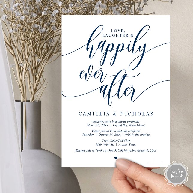 Bröllop Elopement, Lycklig För Evigt Festinbjudan Inbjudningar (Wedding Elopement, Happily Ever After Party Invitation Card, PDF, Navy Blue)