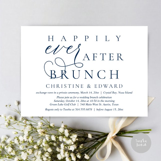 Bröllop Elopement, lyckligtvis allt efter Brunch Inbjudningar (Modern Classy Wedding Elopement, Happily Ever After Brunch Invitation Card, PDF, in Navy Blue)
