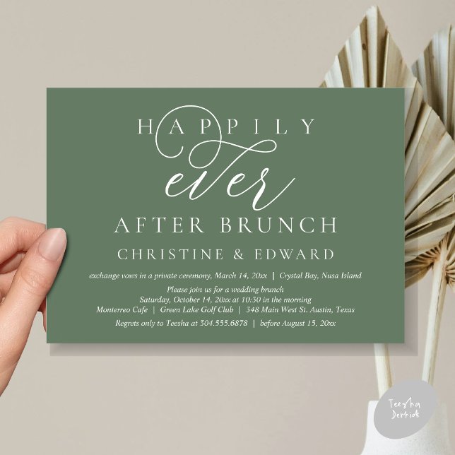 Bröllop Elopement, lyckligtvis allt efter Brunch Inbjudningar (Modern Classy Wedding Elopement, Happily Ever After Brunch Invitation Card, PDF, in Sage Green)