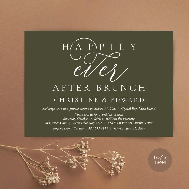 Bröllop Elopement, lyckligtvis allt efter Brunch Inbjudningar (Modern Classy Wedding Elopement, Happily Ever After Brunch Invitation Card, PDF, in Olive Green)