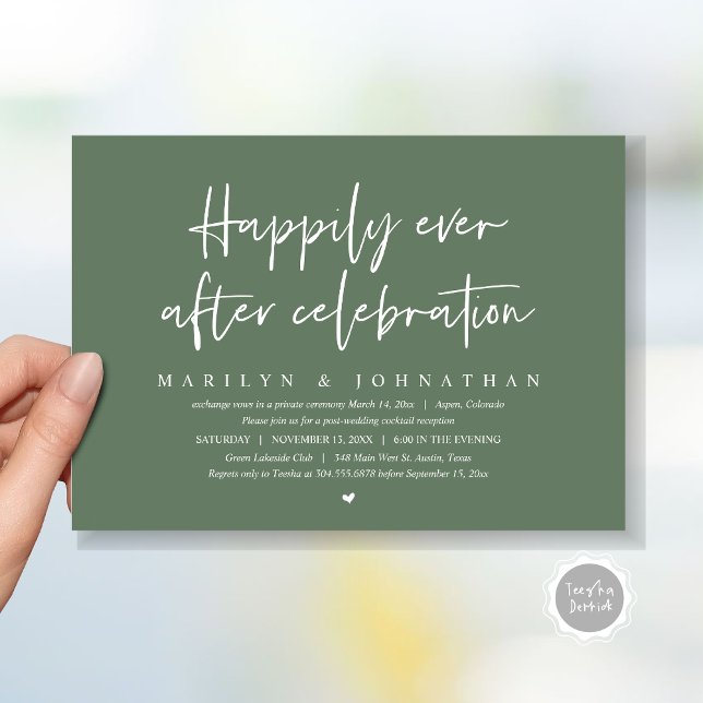 Bröllop Elopement, lyckligtvis allt efter Firande Inbjudningar (Wedding Elopement, Happily Ever after Celebration Invitation Card, Printed, File, in sage green)