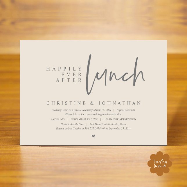 Bröllop Elopement, lyckligtvis allt efter Lunch Pa Inbjudningar (Happily Ever After Lunch Modern Casual Wedding Elopement Party Invitation Card PDF Cream Grey)