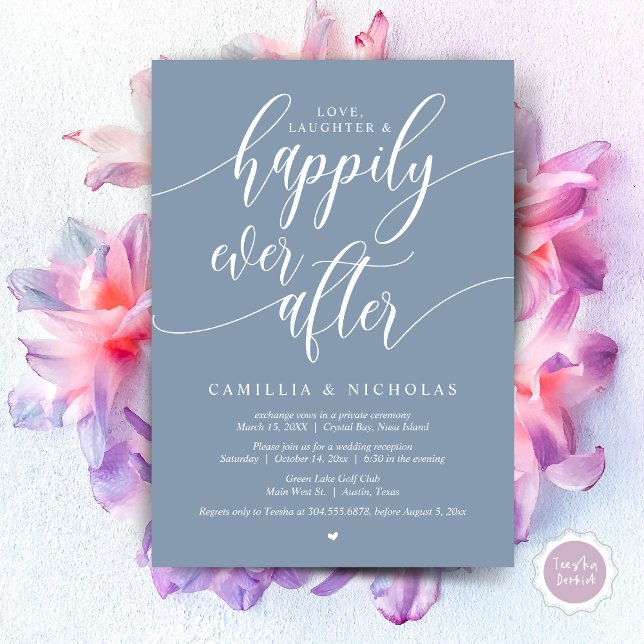 Bröllop Elopement, lyckligtvis allt efter Party In Inbjudningar (Wedding Elopement, Happily Ever After Party Invitation Card, PDF, Dusty Blue)