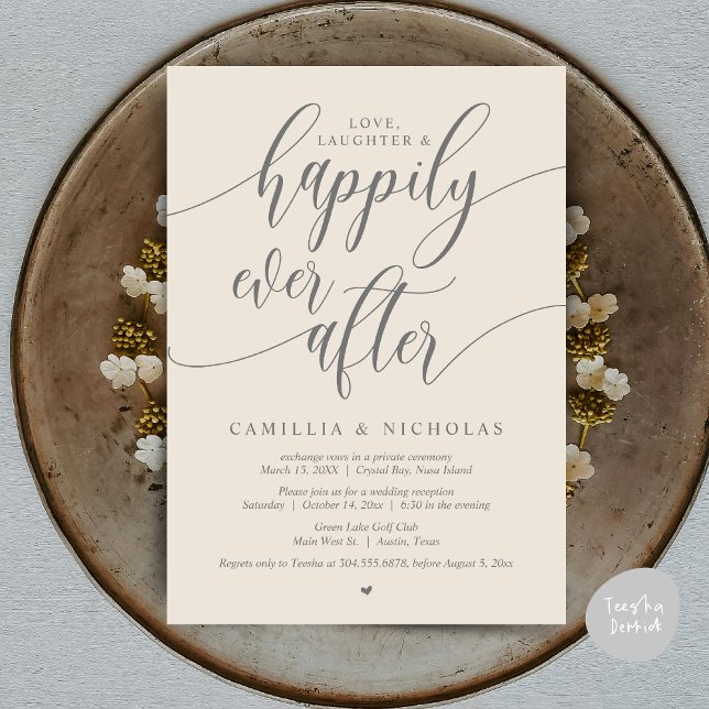 Bröllop Elopement, lyckligtvis allt efter Party In Inbjudningar (Wedding Elopement, To Love Laughter and Happily Ever After Party Invitation Card, PDF, Cream Grey)