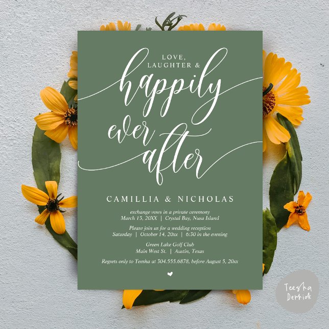 Bröllop Elopement, lyckligtvis allt efter Party In Inbjudningar (Wedding Elopement, To Love Laughter and Happily Ever After Party Invitation Card, PDF, Sage Green)