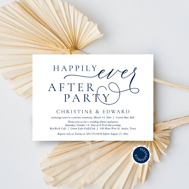 Bröllop Elopement, lyckligtvis allt efter Party Inbjudningar (Wedding Elopement, Happily Ever After Party Invitation Card, Downloadable, Navy Blue Scheme, Classy)