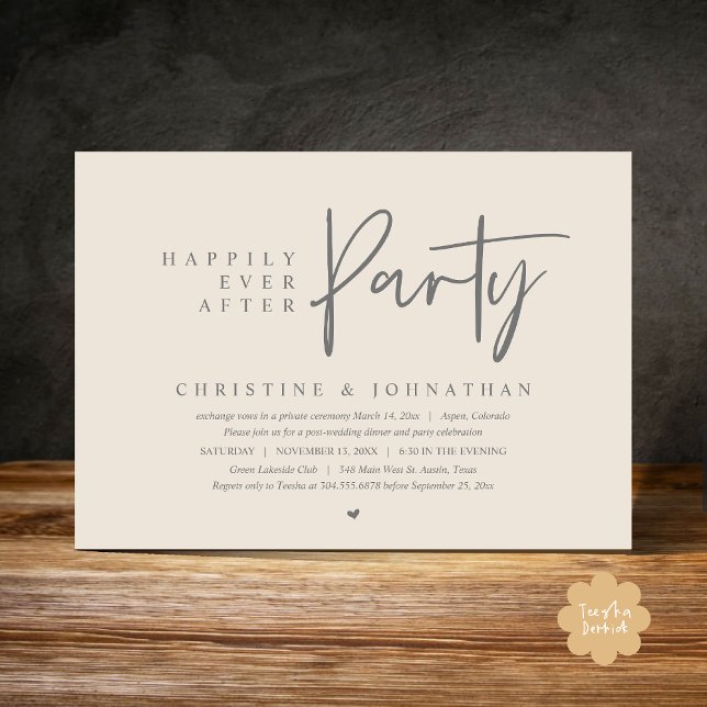 Bröllop Elopement, lyckligtvis allt efter Party Inbjudningar (Happily Ever After Party Modern Casual Wedding Elopement Dinner Dance Invitation Card PDF Cream Grey)