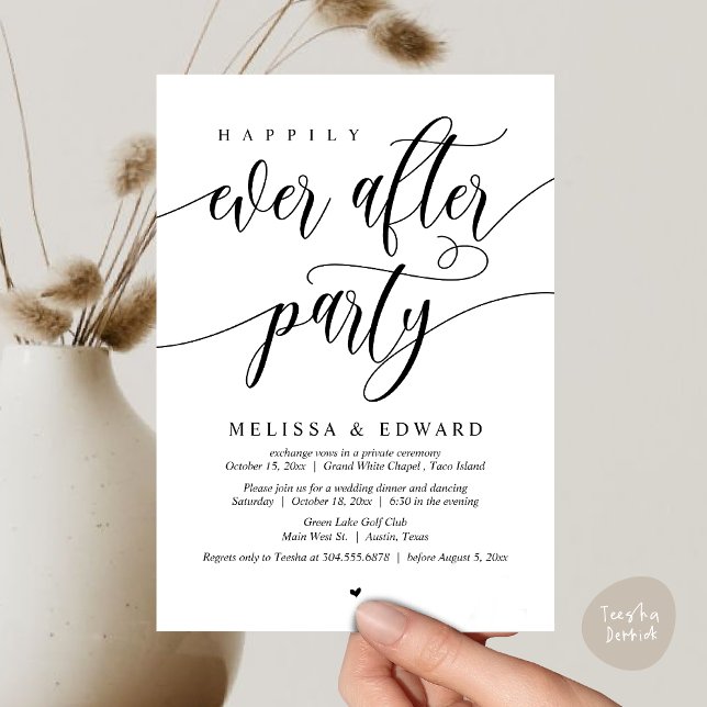 Bröllop Elopement, lyckligtvis allt efter Party Inbjudningar (Happily Ever After Party Invitation Card, PDF, Wedding Elopement Dinner Brunch Lunch, White Black)