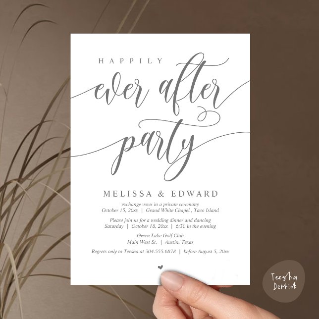 Bröllop Elopement, lyckligtvis allt efter Party Inbjudningar (Happily Ever After Party Invitation Card, PDF, Wedding Elopement Dinner Brunch Lunch, Dark Grey)