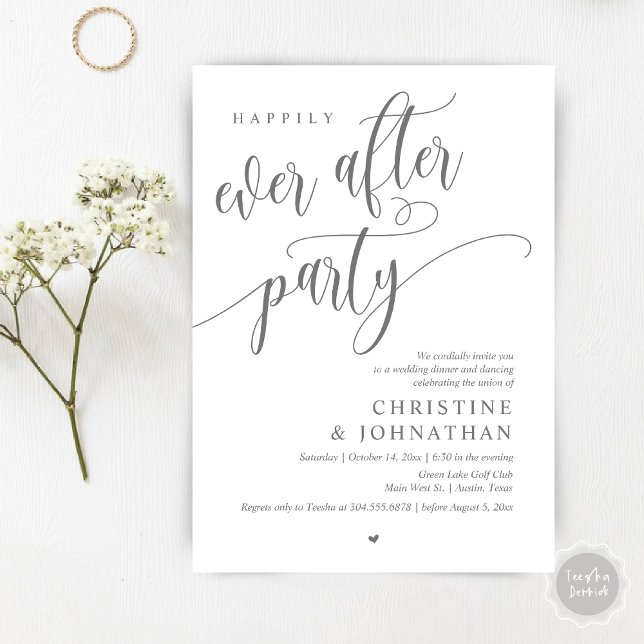 Bröllop Elopement, lyckligtvis allt efter Party Inbjudningar (Wedding Elopement, Happily Ever After Party Invites Card, Modern Contemporary, PDF, Dark Grey)