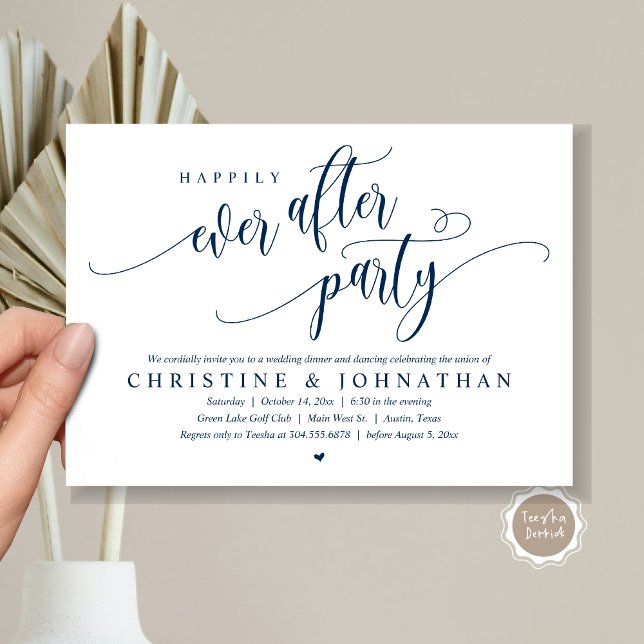 Bröllop Elopement, lyckligtvis allt efter Party Inbjudningar (Wedding Elopement, Happily Ever After Party Invitation Card, Modern Contemporary, PDF, in Navy Blue)