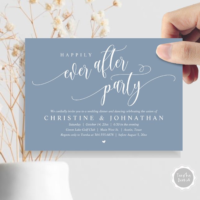 Bröllop Elopement, lyckligtvis allt efter Party Inbjudningar (Wedding Elopement, Happily Ever After Party Invitation Card, Modern Contemporary, PDF, in Dusty Blue)