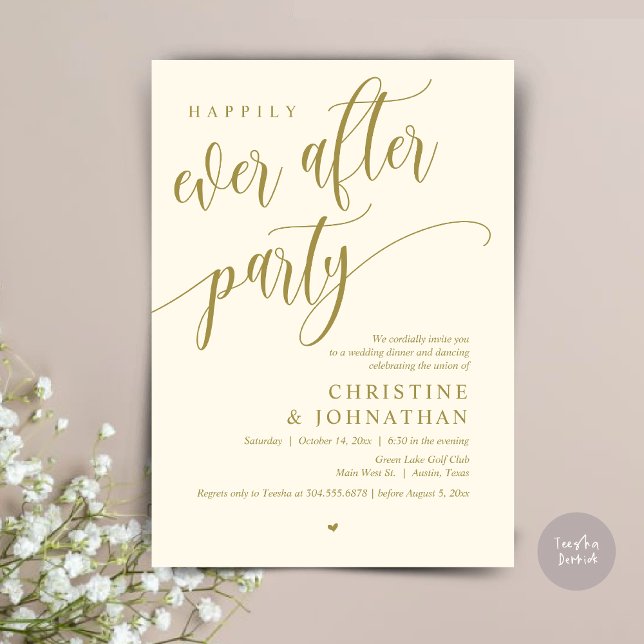Bröllop Elopement, lyckligtvis allt efter Party Inbjudningar (Wedding Elopement, Happily Ever After Party Invites Card, Modern Contemporary, PDF, Yellow Gold)