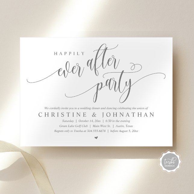 Bröllop Elopement, lyckligtvis allt efter Party Inbjudningar (Wedding Elopement, Happily Ever After Party Invitation Card, Modern Contemporary, PDF, in Dark Grey)