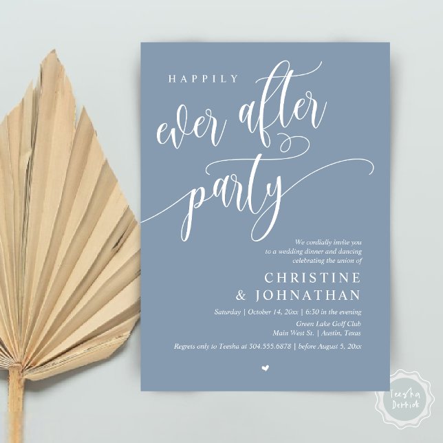 Bröllop Elopement, lyckligtvis allt efter Party Inbjudningar (Wedding Elopement, Happily Ever After Party Invites Card, Modern Contemporary, PDF, in Dusty Blue)