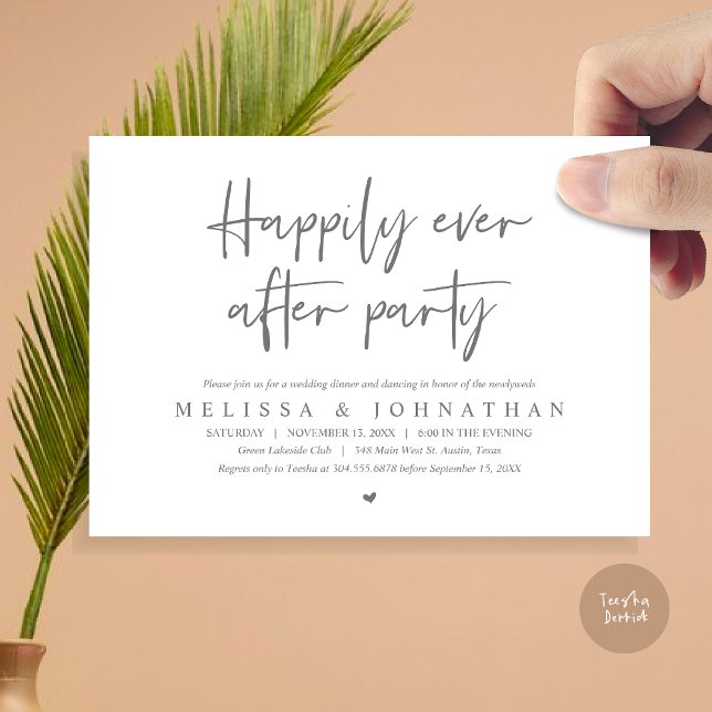 Bröllop Elopement Middag, lyckligtvis allt efter P Inbjudningar (Wedding Elopement Dinner, Happily Ever after Party Invitation Card, PDF, in Dark Grey)