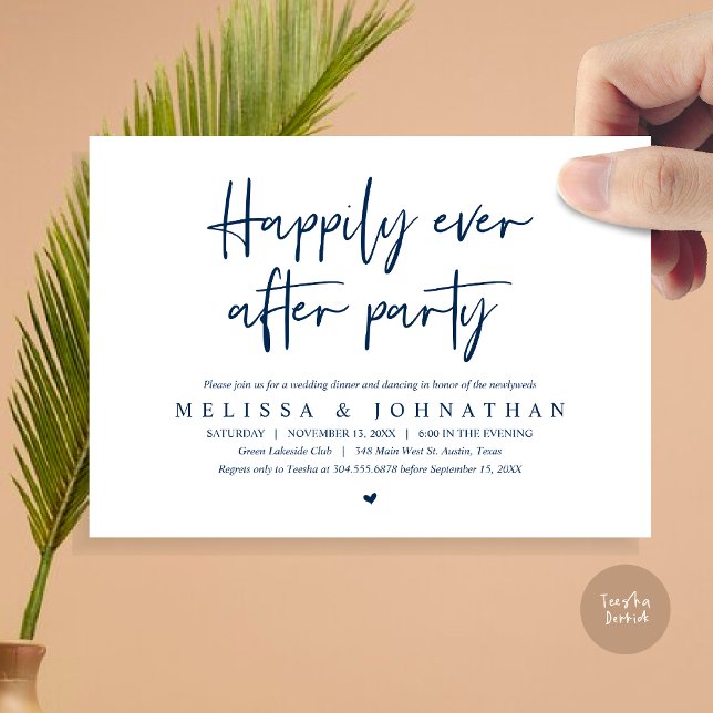 Bröllop Elopement Middag, lyckligtvis allt efter P Inbjudningar (Wedding Elopement Dinner, Happily Ever after Party Invitation Card, PDF, in Navy Blue)
