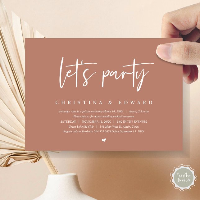 Bröllop Elopement Middag och dancing, Låt oss part Inbjudningar (Let's Party, Post Wedding Elopement Dinner and Party Celebration Invitation Card, in Terracotta )