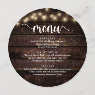 Bröllop Elopement Middag, String Ljus Brown Wood Meny