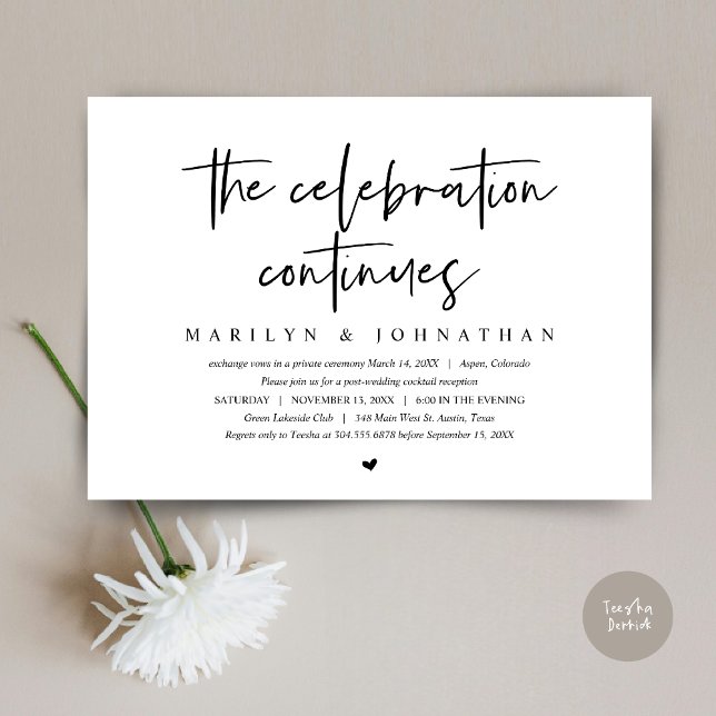 Bröllop Elopement, Modern firande fortsätter Inbjudningar (Wedding Elopement, Modern celebration continues Invitation Card, PDF, in Black and White)