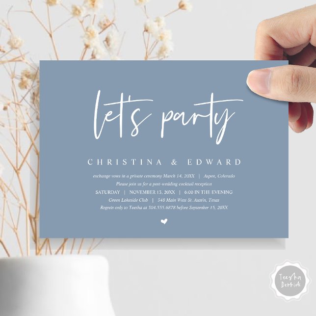 Bröllop Elopement, Modern Minimalist, tillåt party Inbjudningar (Let's Party, Post Wedding Elopement Dinner and Party Celebration Invitation Card, in Dusty Blue)