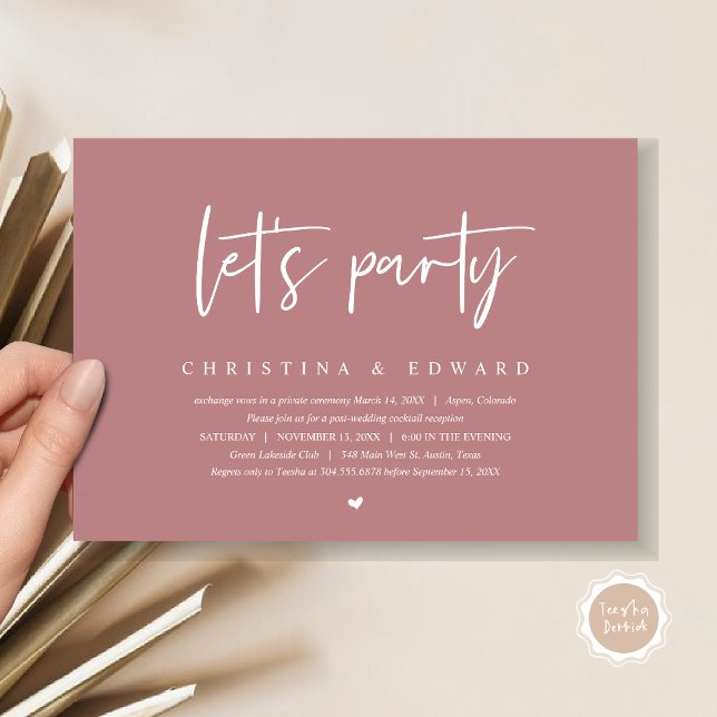 Bröllop Elopement, Modern Minimalist, tillåt party Inbjudningar (Let's Party, Post Wedding Elopement Dinner and Party Celebration Invitation Card, in Dusty Rose Pink)