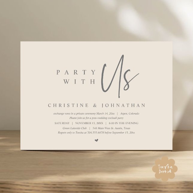 Bröllop Elopement, Party med vår inbjudan (Party with us Modern Casual Wedding Elopement Dinner Party Dancing Invitation Card PDF Cream Grey)